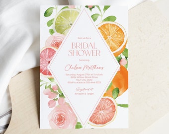 Citrus Bridal Shower Invitation, Bridal Brunch Invite, Summer Fruit, Oranges, Grapefruit, Pink Floral, DIY Editable Template 151