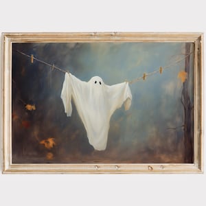 Ghost Hanging On Clothesline Painting, Cute Ghost Printable Art, Eerie Halloween Home Decor, Spooky Laundry Room Art Print, Funny Ghost