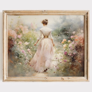 Victorian Woman Walking Through Flower Garden, Secret Garden Art Print, Wildflower Painting, Shabby Home Decor, Digital Download