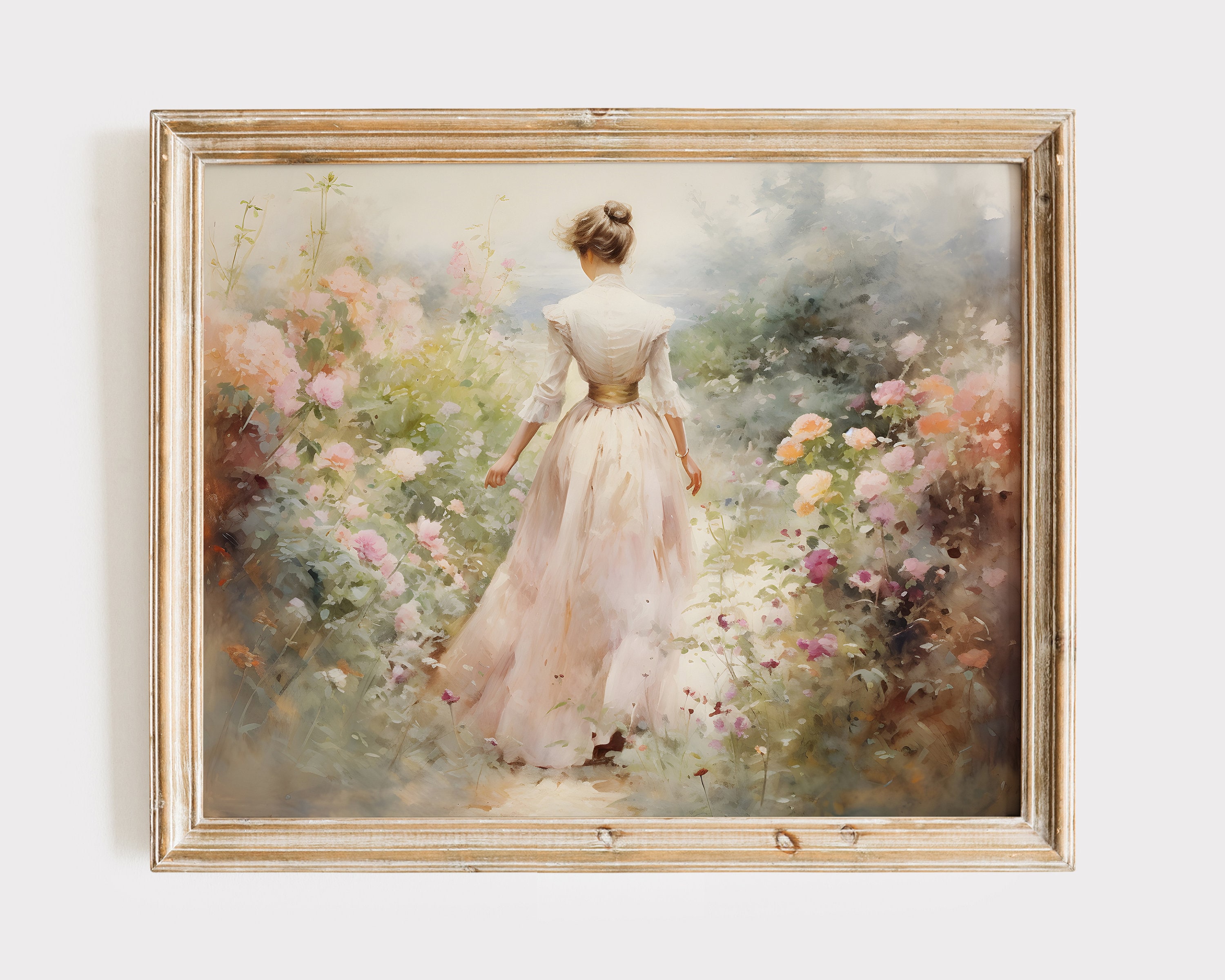 Victorian Woman Walking Through Flower Garden, Secret Garden Art Print, Wildflower Painting, Shabby Home Decor, Digital Download