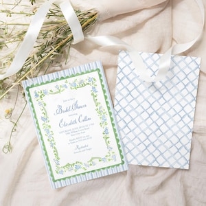May include: A blue and white striped card with a green border and floral design. The card reads "Bridal Shower honoring Elizabeth Collins".