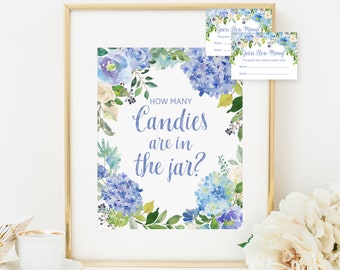 Blue Hydrangea How Many Candies Are In The Jar Game Sign and Cards, Instant Download, Candy Guessing Game, Shower Game, Shower Activity 366