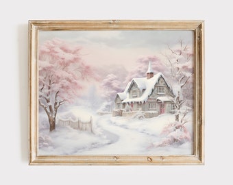 Shabby Winter Cottage Print, Pink Christmas Home Wall Decor, Pastel Snowy Wall Art, Cottage Chic Holiday Decoration, Digital Art Download