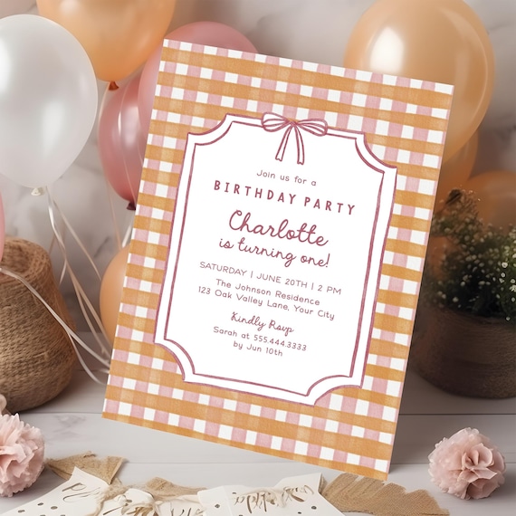 Gingham Birthday Invitation Template, Girl First Birthday, Editable Corjl Invite, Pink and Orange Plaid Party, Bow Decor 255