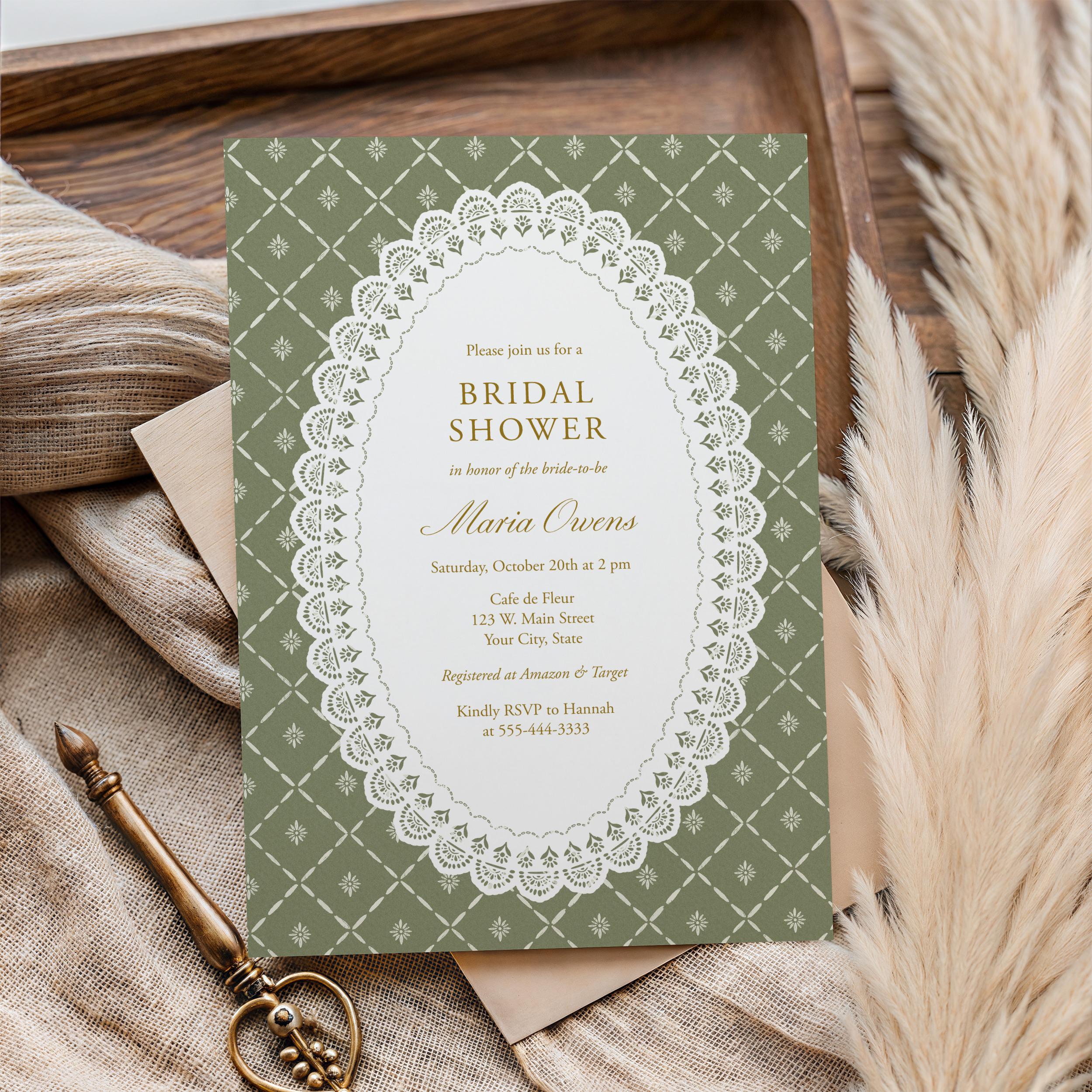 その他 Invitation Vintage Lace Bridal Shower Invitation Template Corjl, Antique Sage