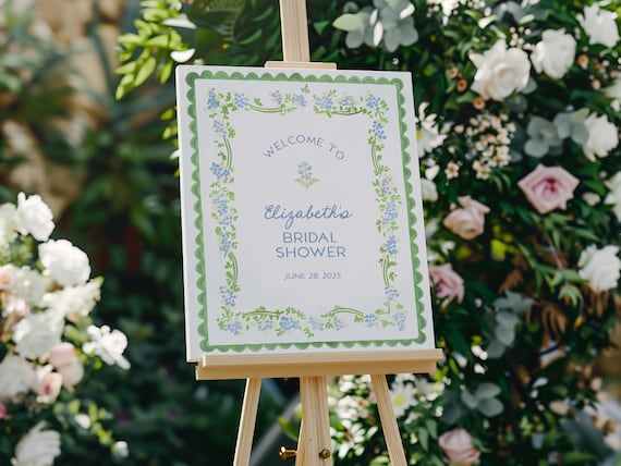 Blue Floral Welcome Sign Template, Bridal Shower Printable, Corjl Editable Sign, Grandmillennial Party Decor, Scalloped Border 129