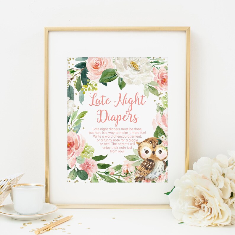 Pink Floral Owl Late Night Diapers Sign, Instant Download, Woodland
