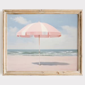 Wydruk na parasolu plażowym, różowa letnia sztuka do druku, nadmorski obraz olejny, jasnoróżowa estetyka, retro malarstwo plażowe, różowy plakat plażowy