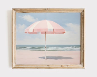 Beach Umbrella Print, Pink Summer Printable Art, Coastal Oil Painting, Light Pink Aesthetic, Retro Beach Painting, Pink Beach Poster