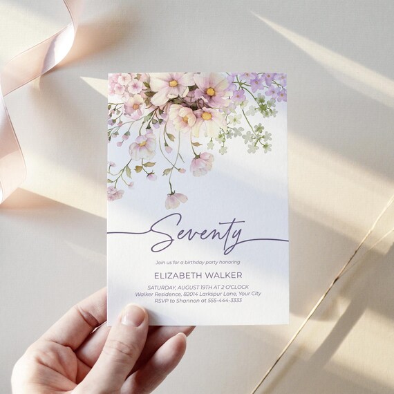 Wildflower Seventy Birthday Party Invitation Template, Cottagecore Woman's 70th Birthday Invite, Blush Pink and Lavender Blossoms 393