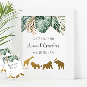 Könnte beinhalten: Eine druckbare Spielkarte mit Dschungel-Motiv. Die Karte lautet "Erraten Sie, wie viele Tierkekse im Glas sind?" und zeigt eine Giraffe, einen Löwen, einen Gorilla und einen Elefanten.