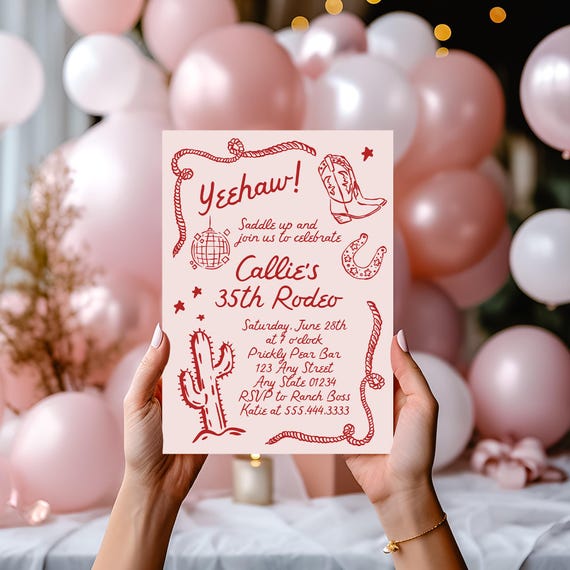 Editable Rodeo Birthday Invitation for Women, Disco Cowgirl Western Party Invite, Any Age Printable, Pink & Red Theme 115