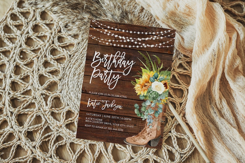 Sunflower Birthday Party Invitation, Boho Cowgirl Boot Birthday Invite, Rustic Country Birthday Invite, White Rose, DIY Corjl Template 322 image 1
