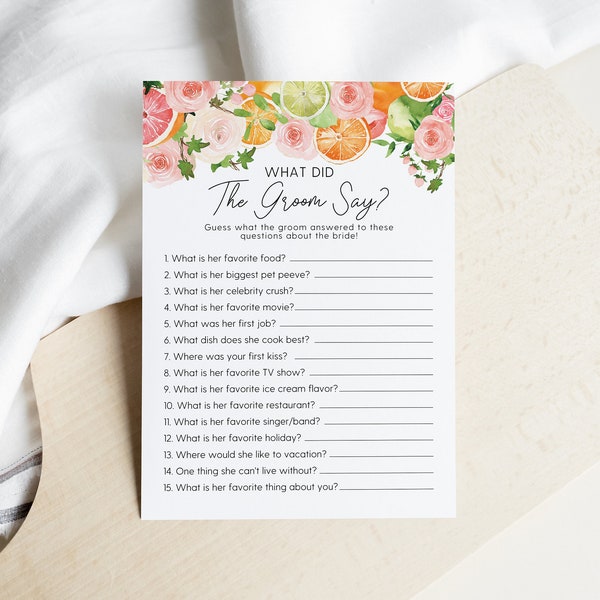Citrus What Did The Groom Say Shower Game, Bridal Shower Game, Groom's Questions, Trivia Game, Summer Fruit, DIY Editable Template 151