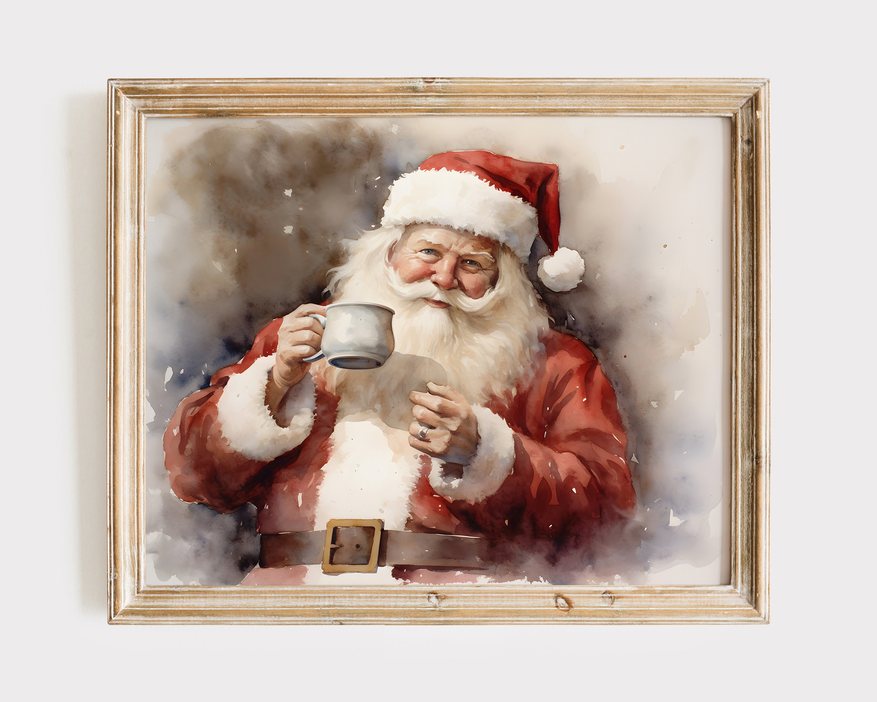 コーヒーを飲むサンタのヴィンテージ絵画、ノスタルジックなクリスマス