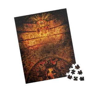 May include: A partially assembled jigsaw puzzle featuring a detailed, warm-toned image of an ornate ceiling with intricate designs. The puzzle has a celestial theme, with a globe visible. A few loose pieces are scattered nearby.