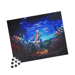 May include: A completed jigsaw puzzle featuring a surreal scene with a figure in a red, white, and blue outfit and top hat. The puzzle has a dark blue sky background with clouds, and a colorful landscape with flowers.