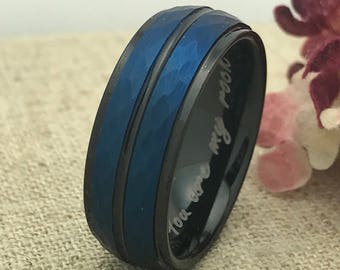 8mm Personalized Tungsten Wedding Band, Blue and Black Plated Hammered Wedding Band, Men's Wedding Band, Custom Engraved Ring TCR259