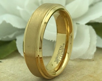 6mm Tungsten Wedding Ring, Personalized Engrave Yellow Gold Plated Tungsten Ring, Unisex Ring, Promise Ring