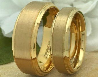 Titanium Rings, His & Hers Wedding Rings, 8mm/6mm Personalize Engrave Gold IP Plated Titanium Ring,  Wedding Rings Couples Ring Set TRB251