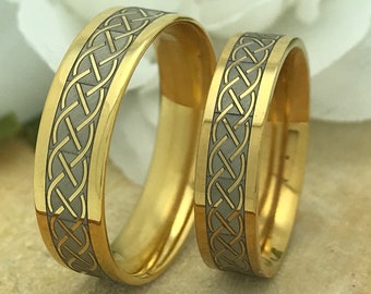 Stainless Steel Gold Plated Rings, Personalize Celtic Rings, Couples Names Rings, Matching Couple Ring, His & Her Ring Set, Fiance Ring