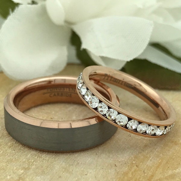 6mm/3mm His & Hers Tungsten + Titanium Wedding Ring Set, Personalized Rose Gold Plated Tungsten Ring Set, Titanium Eternity Ring DOJTCR672