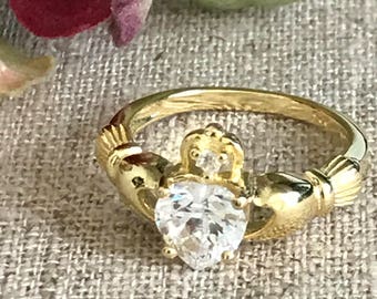 Claddagh Ring, Gold Plated Sterling Silver Traditional Irsh Claddagh Ring,Claddagh Wedding Ring, Birthstone Claddagh Ring