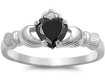 Irish Claddagh Promise Ring Sterling Silver Simulated Black Heart AND Round Simulated Diamond Accent Claddagh Engagement Ring