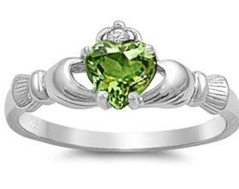 Irish Claddagh Promise Ring Sterling Silver Simulated Peridot Heart AND Round Simulated Diamond Accent Claddagh Engagement Ring