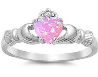 Irish Claddagh Promise Ring Sterling Silver Light Blue Lab Pink Opal Round Simulated Diamond Accet Claddagh Engagement Ring