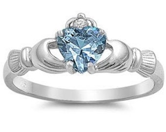 Irish Claddagh Promise Ring Sterling Silver Simulated Aquamarine Round Simulated Diamond Accent Claddagh Engagement Ring DOJSR449