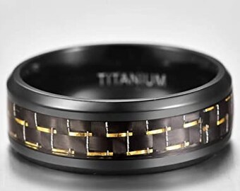 Black & Yellow Carbon Fiber Inlay Titanium Ring, Black Titanium Wedding Band with Carbon Fiber Inlay Comfort Fit Ring Titanium Wedding Band