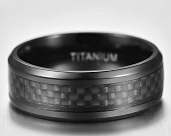 Black Carbon Fiber Inlay Titanium Ring, Titanium Wedding Band Ring, Black Titanium Wedding Band with Carbon Fiber Inlay Comfort Fit Ring