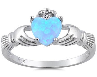 Irish Claddagh Promise Ring Sterling Silver Light Blue Lab Blue Opal Round Simulated Diamond Accet Claddagh Engagement Ring