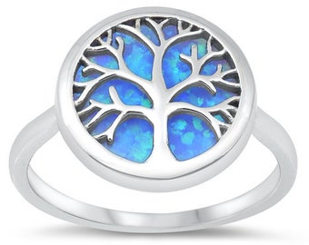 Tree of Life Ring Lab Created Blue Opal Solid 925 Sterling Silver Tree of Life Jewelry, Tree of Life Ring, Gift For Mom
