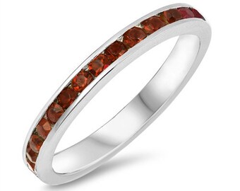 Round CZ Eternity Band Simulated Garnet Cubic Zirconia Sterling Silver Ring, Stackable Ring Purity Ring Promise Ring-,FREE ENGRAVING