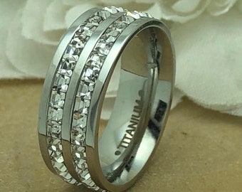 8mm Titanium Eternity CZ Ring, Princess Cut CZ Eternity  Ring, Promise Ring for Her, Promise Rings for Couple, Engagement Ring