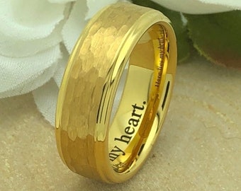 8mm Hammered Tungsten Wedding Ring, Personalized Engrave Yellow Gold Plated Tungsten Ring, Unisex Ring, Promise Ring, Tungsten Wedding Band