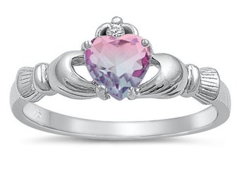 Claddagh Ring, Sterling Silver  Claddagh Ring with Pink and Purple Hombre Cz, Claddagh Engagement Ring, Promise Ring, Friendship Ring