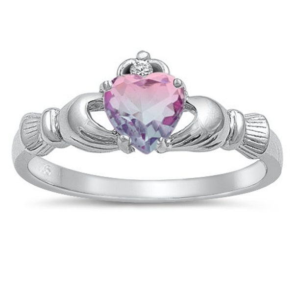Claddagh Ring, Sterling Silver  Claddagh Ring with Pink and Purple Hombre Cz, Claddagh Engagement Ring, Promise Ring, Friendship Ring