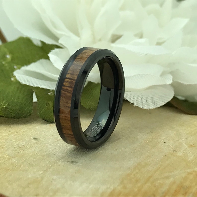 COPAUL Free Engraving-Personalized Custom Message 8MM Tungsten Ring Wood Inlay Wedding Band
