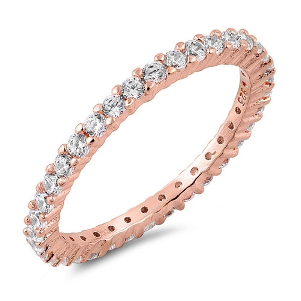 2mm Full Eternity Stackable Stacking Round Simulated Diamond CZ Wedding Band Ring. Rose Gold 925 Sterling Silver,Dainty Ring,Skinny Ring