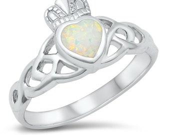 Opal Claddagh Ring Celtic Irish Claddagh Promise Ring Sterling Silver  White Lab Opal Claddagh Engagement Ring, Friendship Ring