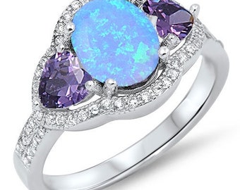 Opal Ring, Amethyst Cz Sterling Silver Wedding Ring with Lab Opal and Amethyst Cz, Promise Ring, Bridal Ring, Engagement Ring for Women