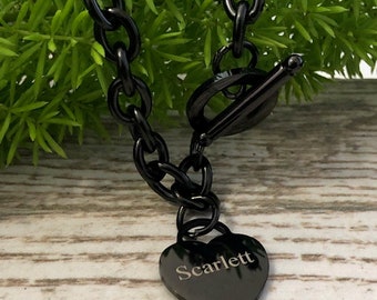 Heart Necklace, Personalized Black IP Plated Stainless Steel Heart Pendant Necklace, Personalize Heart Toggle Necklace