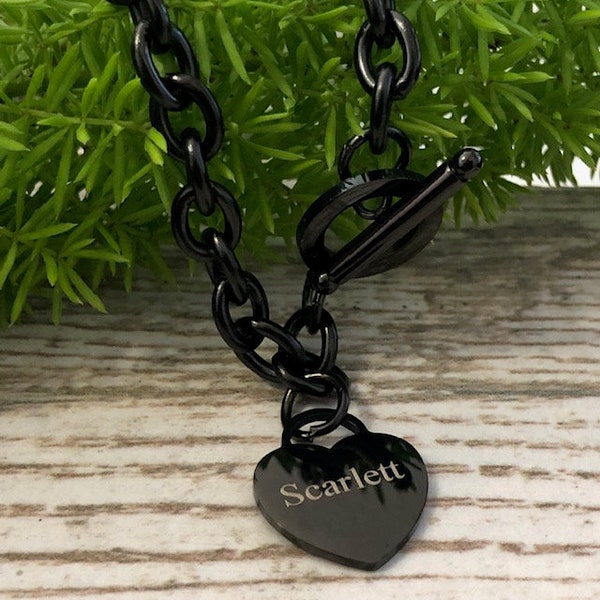 Heart Necklace, Personalized Black IP Plated Stainless Steel Heart Pendant Necklace, Personalize Heart Toggle Necklace