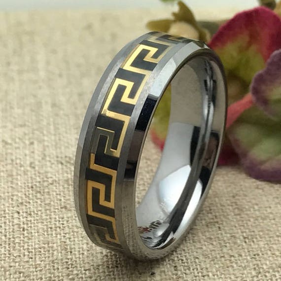 8mm Tungsten Wedding Ring. Tungsten Ring Band with Gold Greek Etsy