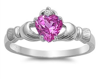 Irish Claddagh Promise Ring Sterling Silver Simulated Rose Pink Heart AND Round Simulated Diamond Accent Claddagh Engagement Ring