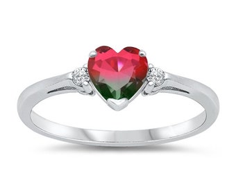 925 Sterling Silver Simulated  Watermelon Tourmaline Heart Cut CZ Engagement Ring Anniversary Wedding  Promise Ring, Birthstone Ring