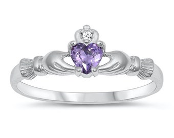 Irish Claddagh Promise Ring Sterling Silver Simulated Heart Amethyst Round Simulated Diamond Accent Claddagh Engagement Ring ,Petite Ring